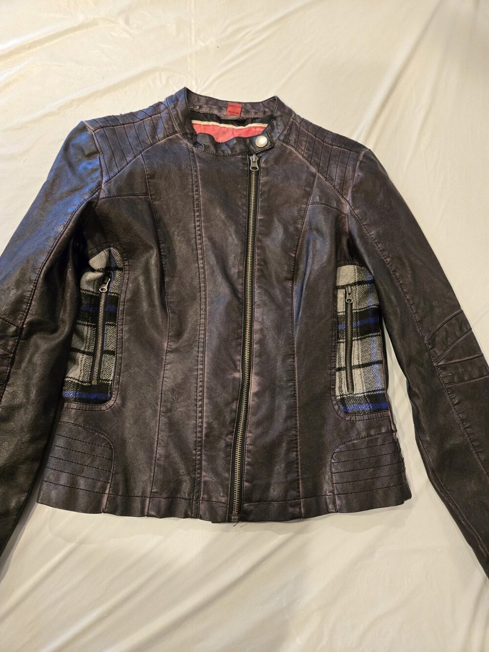 Collection by Bernardo Women Moto Jacket L Vegan Leather and Flannel